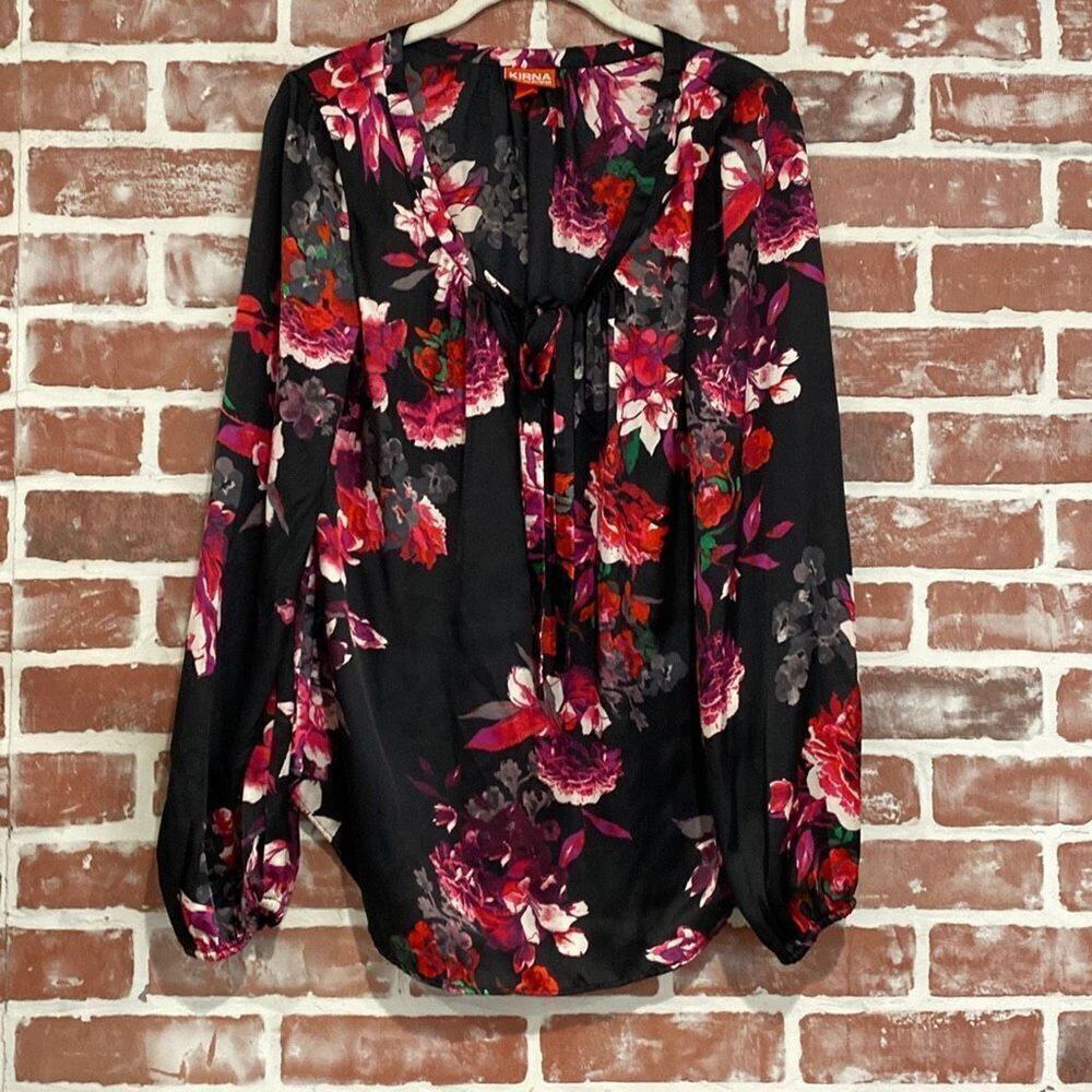 Kirna Zabete x Target Floral Tie Neck Blouse Black Pink Romantic Small